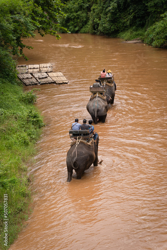 Mahout riding with Tourists on elephants walking across the river trekking wild adventures in the natural forest at Mae Taeng Elephant Camp, Chiang Mai, Thailand. photo