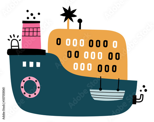 Steamboat in cute baby style. Funny cruise ship