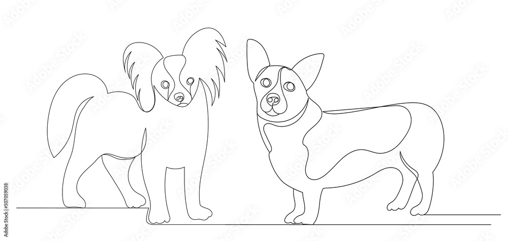 small dogs one continuous line drawing, sketch, isolated, vector