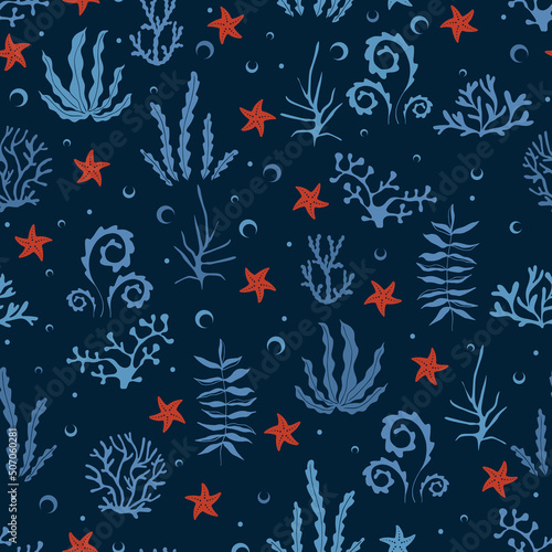 Blue funny print with fish, stars and seaweed. Print for fabric and wrapping paper.