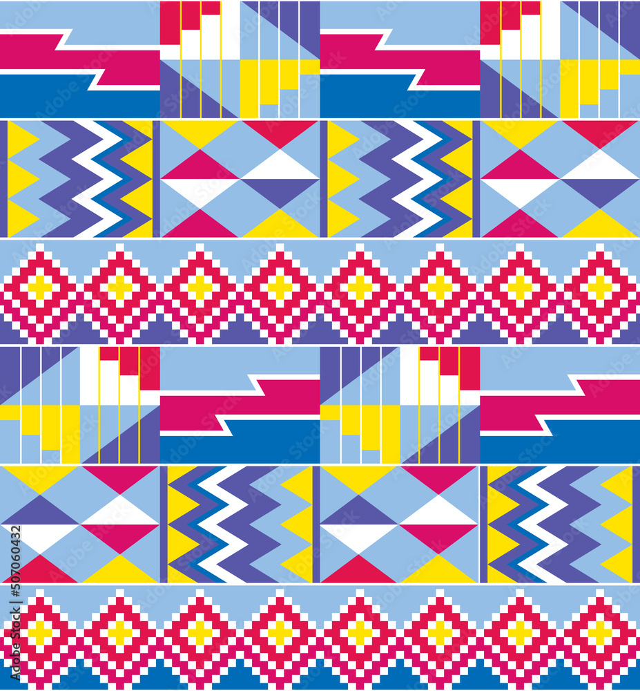 African tribal design Kente cloth nwentoma textile style vector seamless design in blue, pink and purple, geometric pattern inspired by Ghana traditional clothing
African tribal design Kente cloth nwentoma textile style vector seamless design in blue, pink and purple, geometric pattern inspired by Ghana traditional clothing