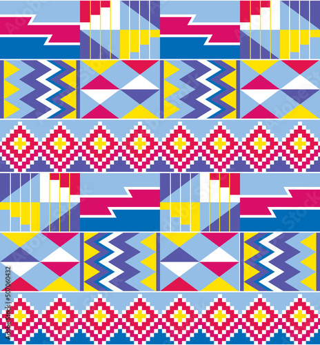 African tribal design Kente cloth nwentoma textile style vector seamless design in blue, pink and purple, geometric pattern inspired by Ghana traditional clothing 