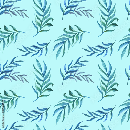 Watercolour twig with green leaves. Illustration isolated on blue background. Tropical