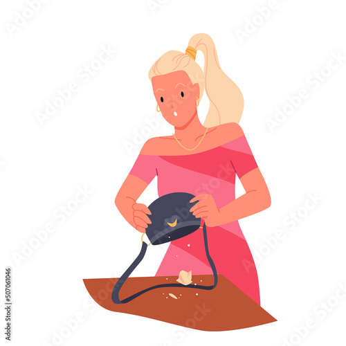 Shocked girl holding open handbag with waste vector illustration. Cartoon sad young woman in dress has no money in wallet, frustrated poor person isolated on white. Thievery, unemployment concept