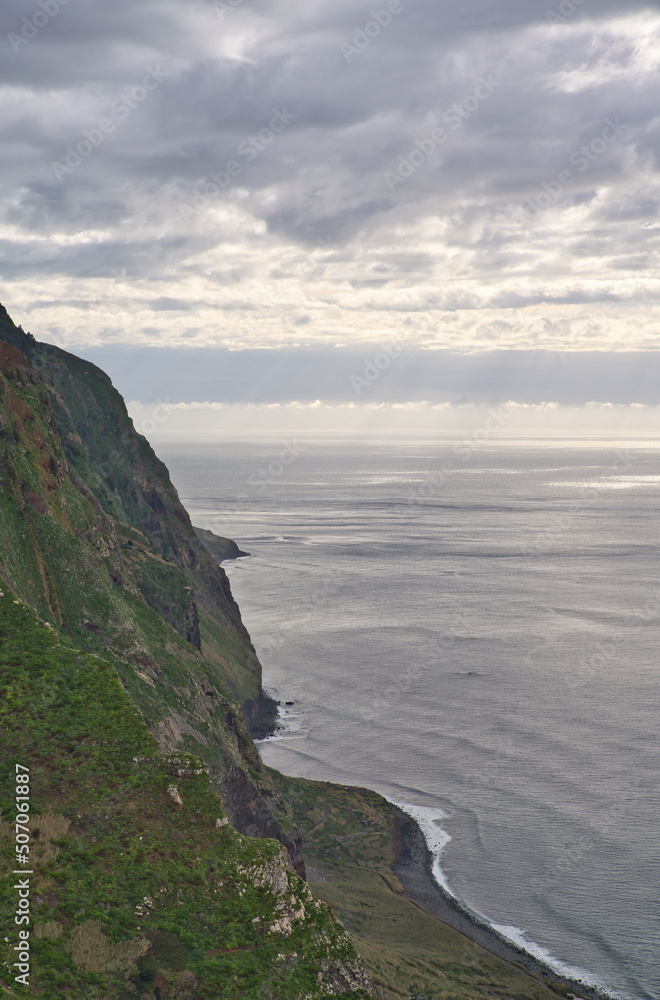 A Panoramic view of Achadas da Cruz on the west coast of Madeiram, seen from the Miradouro do Ponta da Ladeira viewpoint