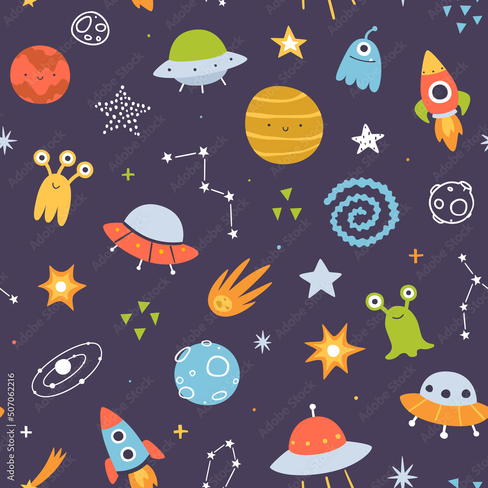 Colorful cosmic pattern for kids. Space adventure vector seamless print for baby textile and apparel.