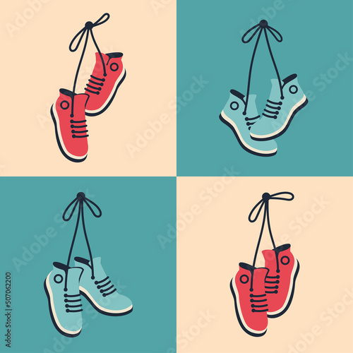 Sneakers hanging in retro style. Pair of shoes with tied laces dangling on a string. Vector flat illustration for banner, poster, cover art