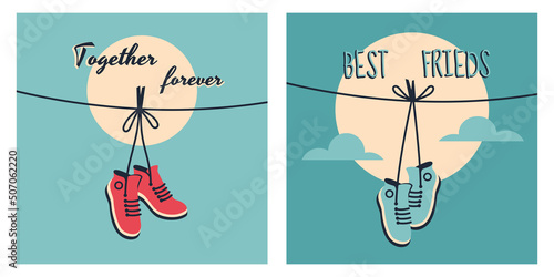 Sneakers hanging in retro style. Pair of shoes with tied laces dangling on a string. Vector flat illustration with lettering for banner, poster, cover art