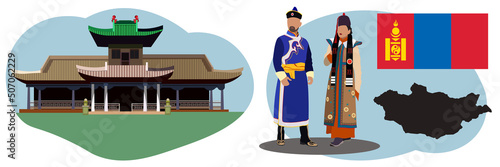 set of illustrations on the theme of the country of Mongolia. Characters in traditional Mongolian clothes show the beauties of their country. Sightseeing palace of the Bogd Gegen. Flag and map 