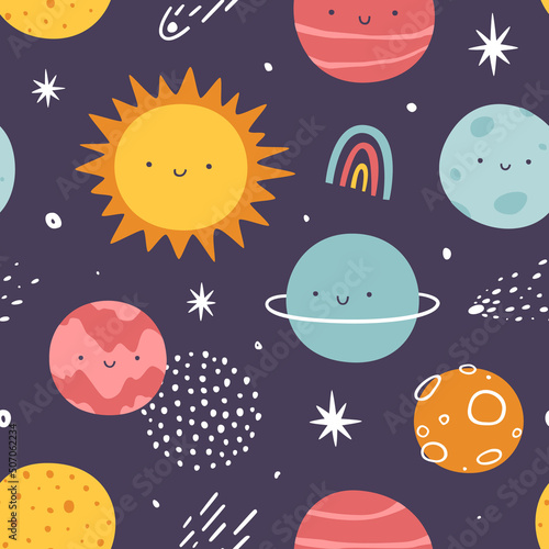Colorful space pattern with cute planets with the smiling faces. Scandinavian seamless cosmic vector print for kids.
