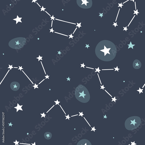 Space pattern with constellations. Astronomy vector seamless print with stars in night sky.