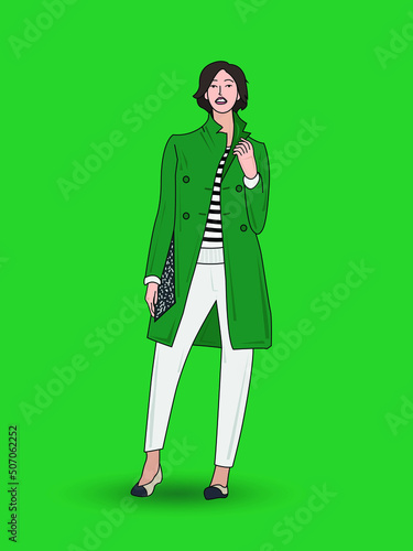 The Latest Street Style Fashion lady green stylish dress Illustration, flat Vector illustration