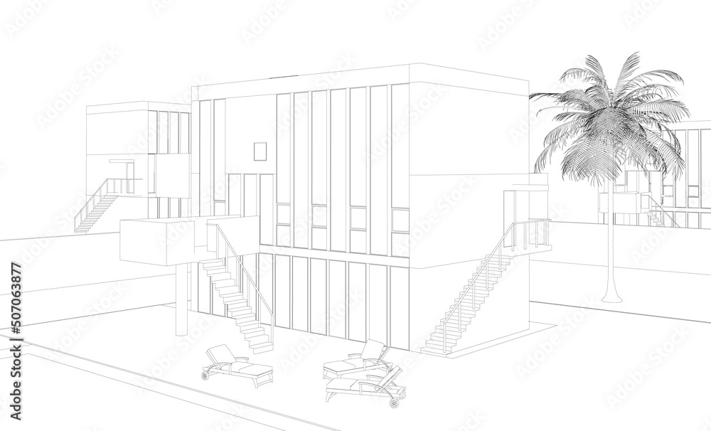 Contour of a cottage with a swimming pool and a palm tree from black lines isolated on a white background. Vector illustration.
