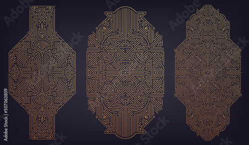 Vector set of art deco design elements, labels and frames for luxury products, golden linear fancy backagrounds, gatsby vintage style. Use for invitations, posters, prints.