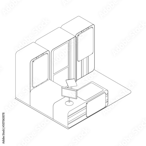 Outline of the reception desk from black lines isolated on a white background. Isometric view. Vector illustration.