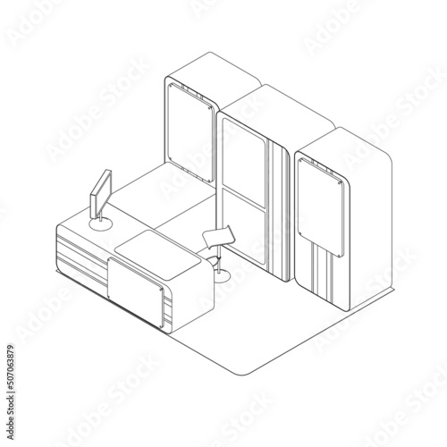 Outline of the reception desk from black lines isolated on a white background. Isometric view. Vector illustration.