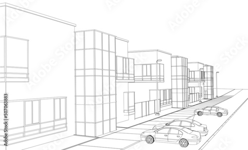 The contour of the street with houses and cars from black lines isolated on a white background. Perspective view. Vector illustration.