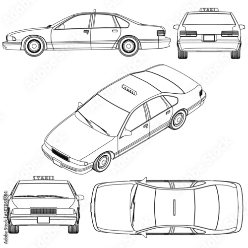 Taxi car outline set from black lines isolated on white background. Isometric view, side, front, back, top. Vector illustration.