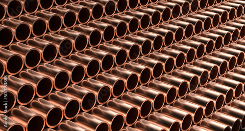 Copper pipes isolated on dark background. Stack of copper pipes. 3D illustration.