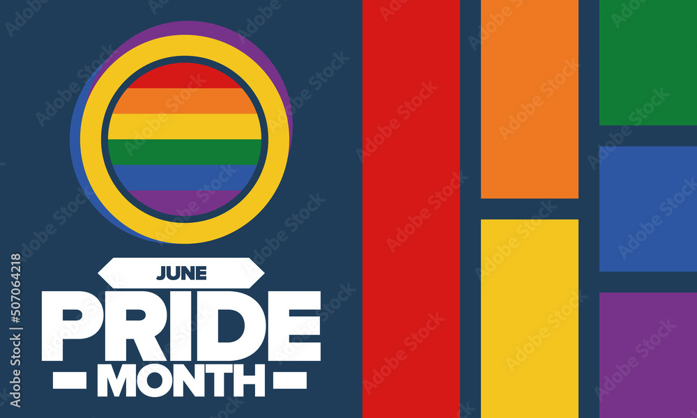 Pride Month in June. LGBT flag. Lesbian Gay Bisexual Transgender. Celebrated annual. Rainbow colours, love concept. Human rights and tolerance. Poster, banner and background. Vector illustration Pride Month in June. LGBT flag. Lesbian Gay Bisexual Transgender. Celebrated annual. Rainbow colours, love concept. Human rights and tolerance. Poster, banner and background. Vector illustration
