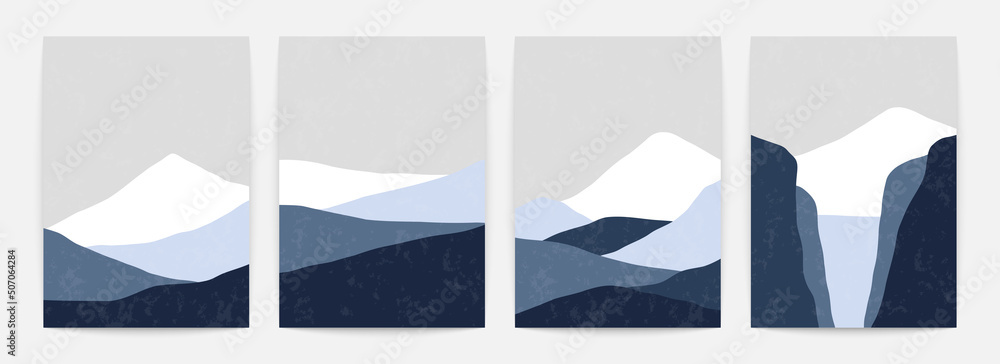Abstract mountain landscape posters. Nature art prints Japanese style, orient contemporary backgrounds. Vector set