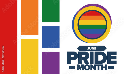 Pride Month in June. LGBT flag. Lesbian Gay Bisexual Transgender. Celebrated annual. Rainbow colours, love concept. Human rights and tolerance. Poster, banner and background. Vector illustration