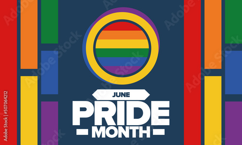 Pride Month in June. LGBT flag. Lesbian Gay Bisexual Transgender. Celebrated annual. Rainbow colours, love concept. Human rights and tolerance. Poster, banner and background. Vector illustration