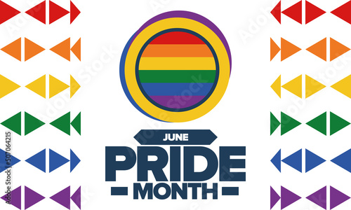 Pride Month in June. LGBT flag. Lesbian Gay Bisexual Transgender. Celebrated annual. Rainbow colours, love concept. Human rights and tolerance. Poster, banner and background. Vector illustration