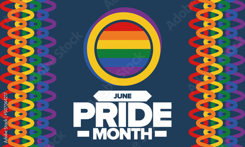 Pride Month in June. LGBT flag. Lesbian Gay Bisexual Transgender. Celebrated annual. Rainbow colours, love concept. Human rights and tolerance. Poster, banner and background. Vector illustration