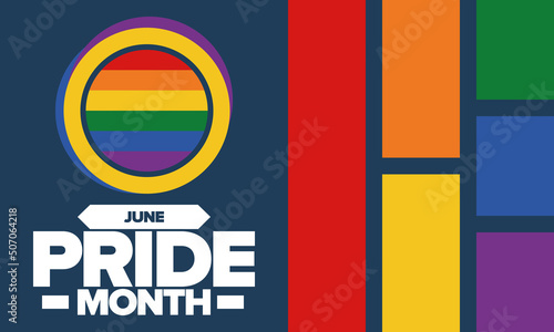 Pride Month in June. LGBT flag. Lesbian Gay Bisexual Transgender. Celebrated annual. Rainbow colours, love concept. Human rights and tolerance. Poster, banner and background. Vector illustration