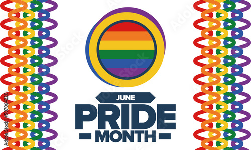 Pride Month in June. LGBT flag. Lesbian Gay Bisexual Transgender. Celebrated annual. Rainbow colours, love concept. Human rights and tolerance. Poster, banner and background. Vector illustration