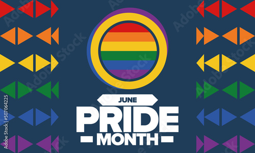 Pride Month in June. LGBT flag. Lesbian Gay Bisexual Transgender. Celebrated annual. Rainbow colours, love concept. Human rights and tolerance. Poster, banner and background. Vector illustration