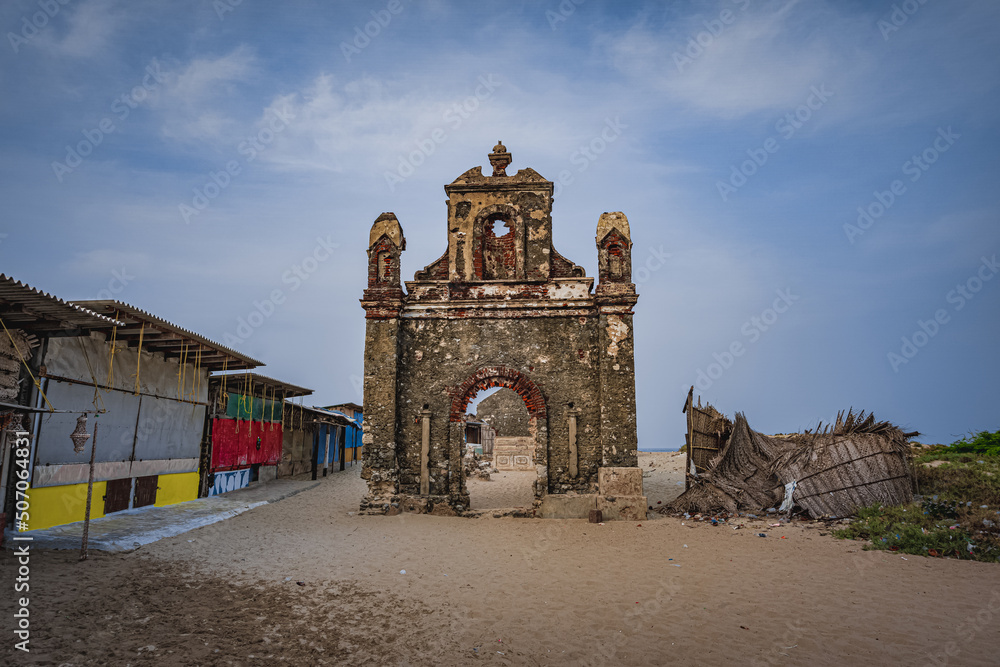Old Roman Catholic church at Dhanushkodi south-eastern tip of Pamban Island, Tamil Nadu State, India. Dhanushkodi is an abandoned town. because it was destroyed during the Rameswaram cyclone in 1964.
