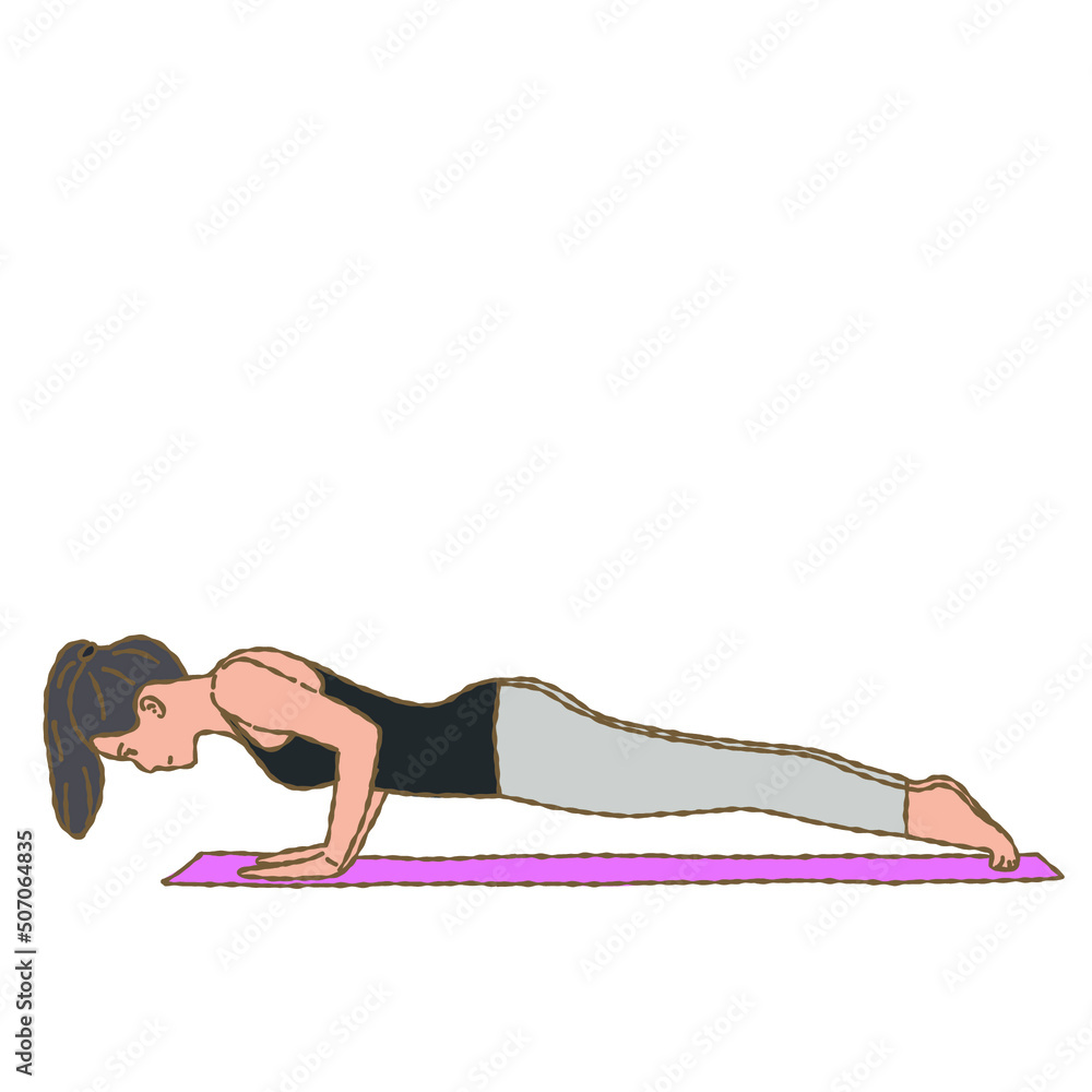 Hand drawn flat vector illustration of woman doing yoga or plank fitness exercise on mat isolated on white background. 