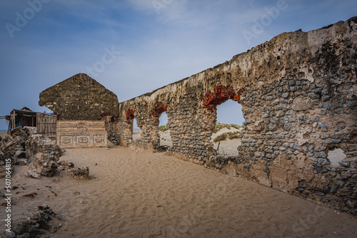 Old Roman Catholic church at Dhanushkodi south-eastern tip of Pamban Island, Tamil Nadu State, India. Dhanushkodi is an abandoned town. because it was destroyed during the Rameswaram cyclone in 1964. photo