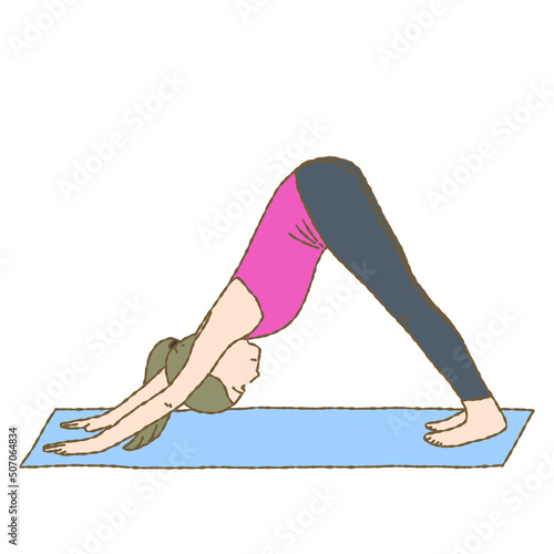Fotografija Hand drawn flat vector illustration of woman doing yoga downward facing dog, Adho mukha svanasana or fitness exercise on mat isolated on white background