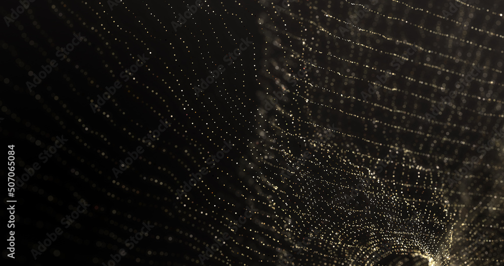 Abstract particle golden luxury collection. Dark black background with glowing particles. Amazing fluid dynamic modern design. Elegant BG. Magical surface digital wallpaper. Universe Illustration #4