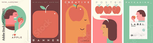 Apples. Benefits of apples. Set of vector illustrations. Simple, modern style. Background for label. cover, poster, animation.