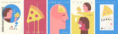 Pizza. Hunger. Fast food. Hungry and angry. Set of vector illustrations. Simple, modern style. Background for label. cover, poster, animation.