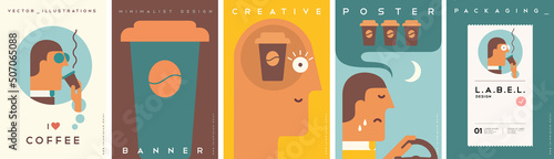 Coffee to go. Morning. Awakening. Don't sleep. Set of vector illustrations. Simple, modern style. Background for label. cover, poster, animation.