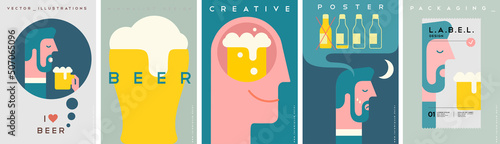 Beer. Set of vector illustrations. Simple, modern style. Background for label. cover, poster, animation.