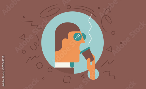 Coffee to go. The man is drinking coffee. Vector illustration. Simple, modern style. Background for cover, poster, animation.