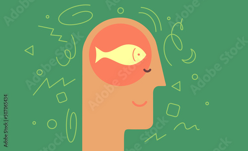 The benefits of fish for the brain. Omega 3. Vector illustration. Simple, modern style. Background for cover, poster, animation.