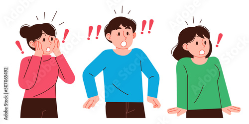 Surprised men and women. Vector character illustration set of surprised gesture.