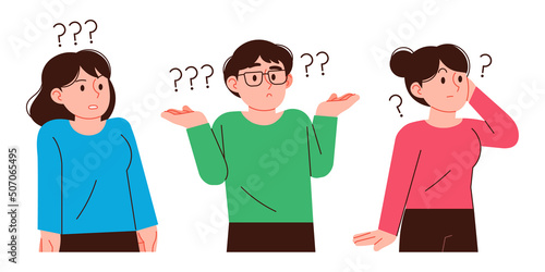 Curious men and women. Vector character illustration set of wondering gestures.