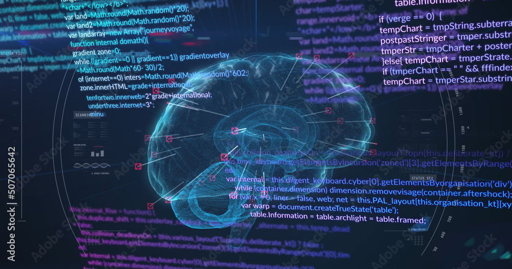 Image of digital brain and data processing on black background Image of digital brain and data processing on black background