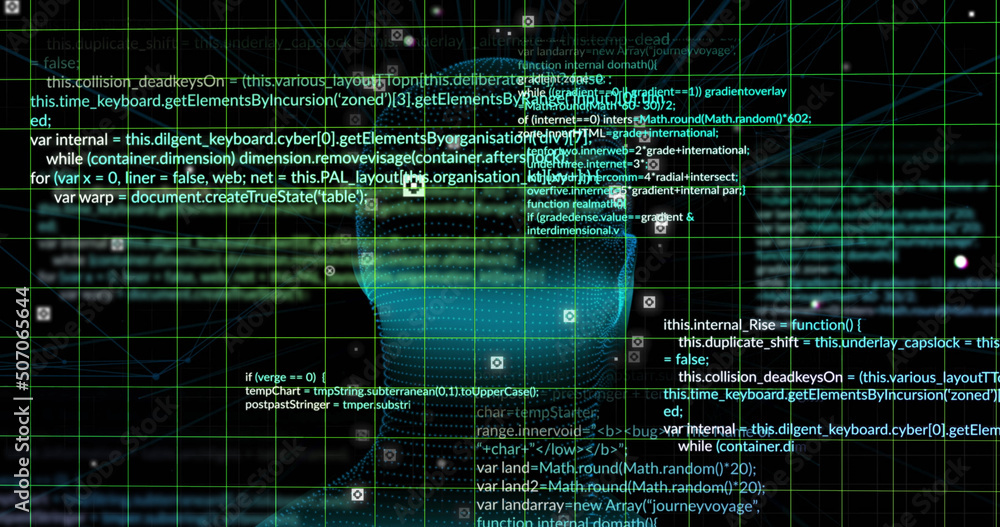 Fototapeta premium Image of digital head and data processing on black background