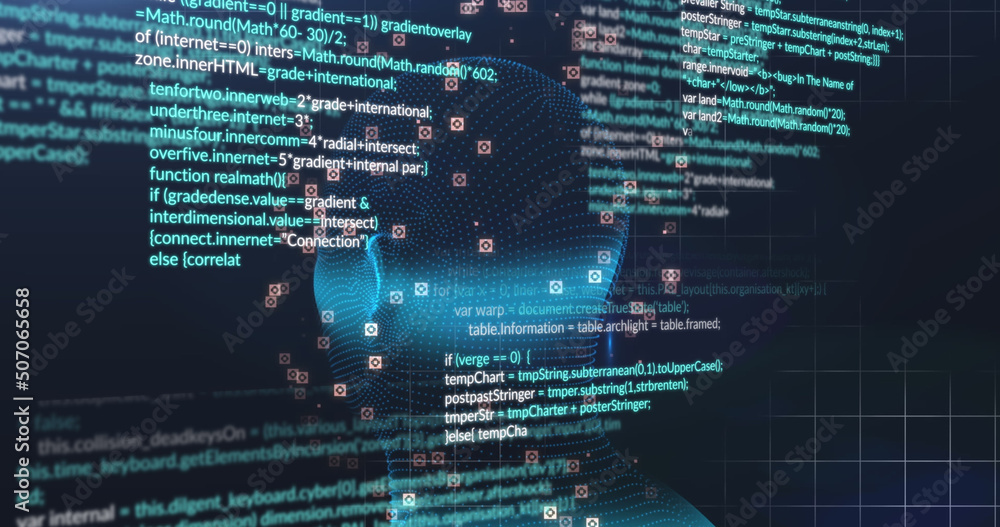 Obraz premium Image of digital head and data processing on black background