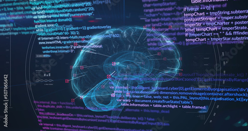 Image of digital brain and data processing on black background