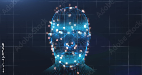 Image of digital head and data processing on black background